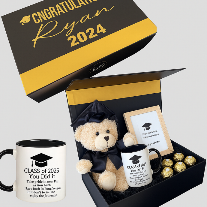 Graduation-themed gift set with teddy bear, mugs, and chocolates in a decorative box.