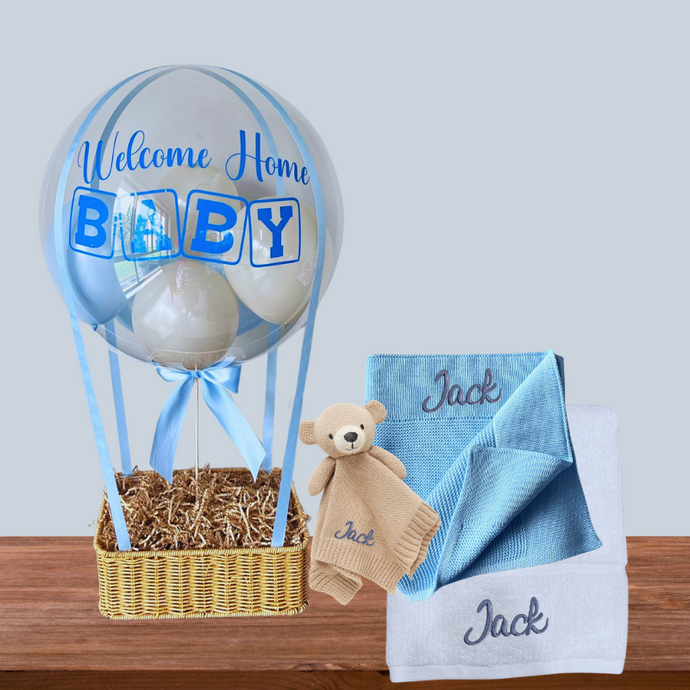 Personalised Towel, Knitted Blanket and Comforter in a Hot Air Balloon