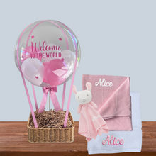 Load image into Gallery viewer, Personalised Towel, Knitted Blanket and Comforter in a Hot Air Balloon
