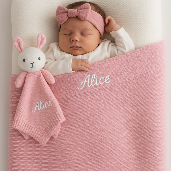 Personalised baby blanket with personalised baby bunny comforter